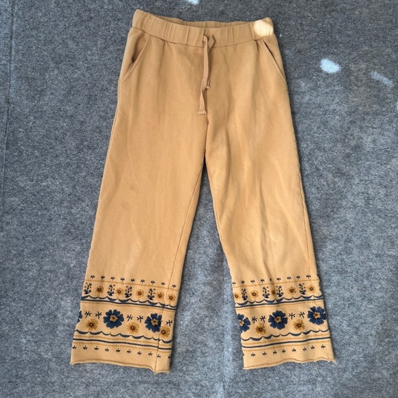 Driftwood Tan Floral Embroidered Lounge Pants | Boho Cotton Size Small - Picture 2 of 16